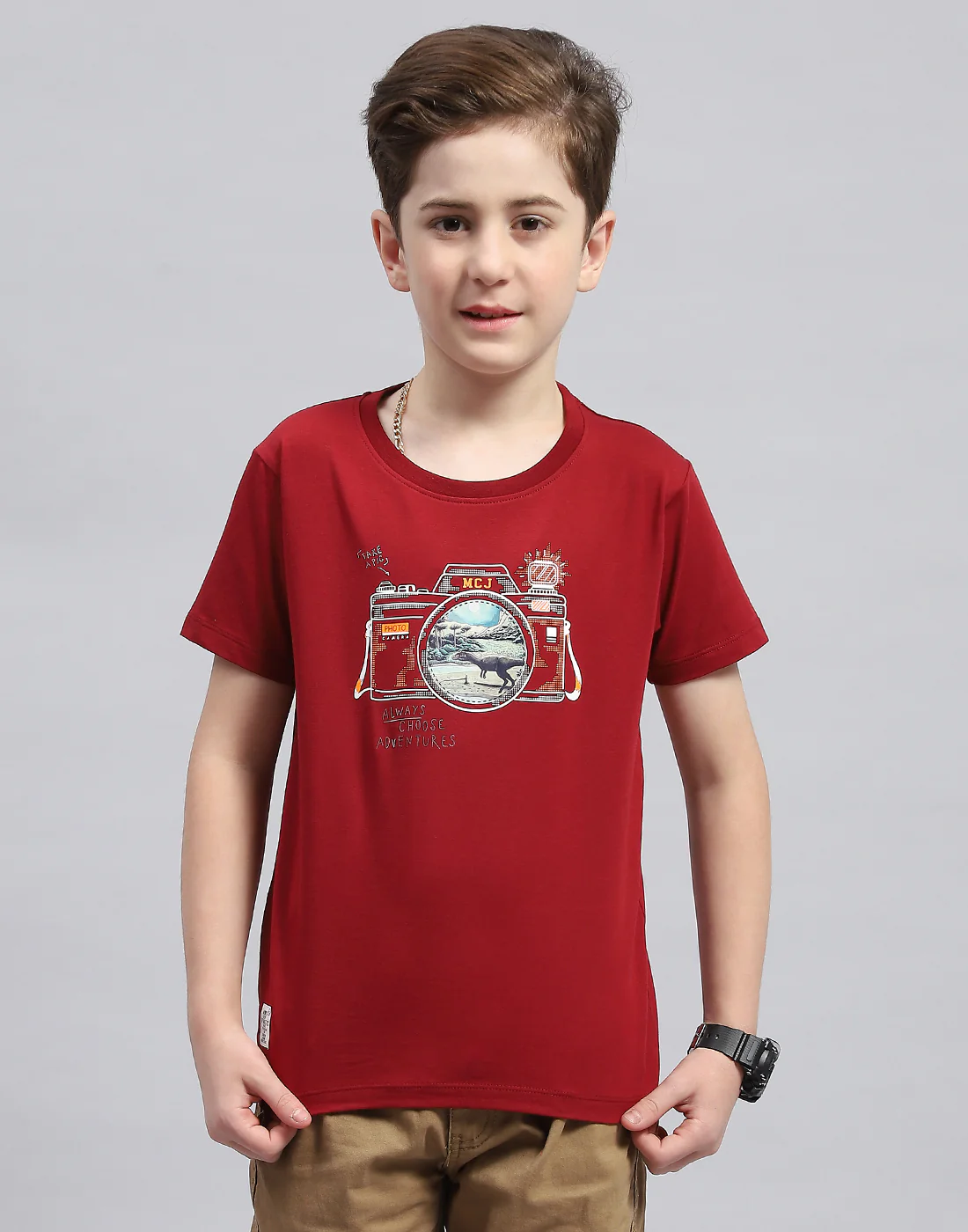 Boys Maroon Printed Round Neck Half Sleeve T-Shirt - Image 2