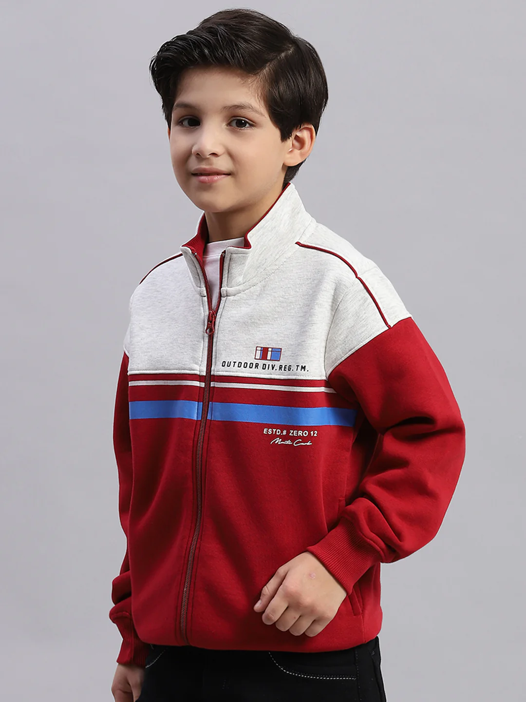 Boys Maroon Printed Stand Collar Full Sleeve Sweatshirt - Image 4