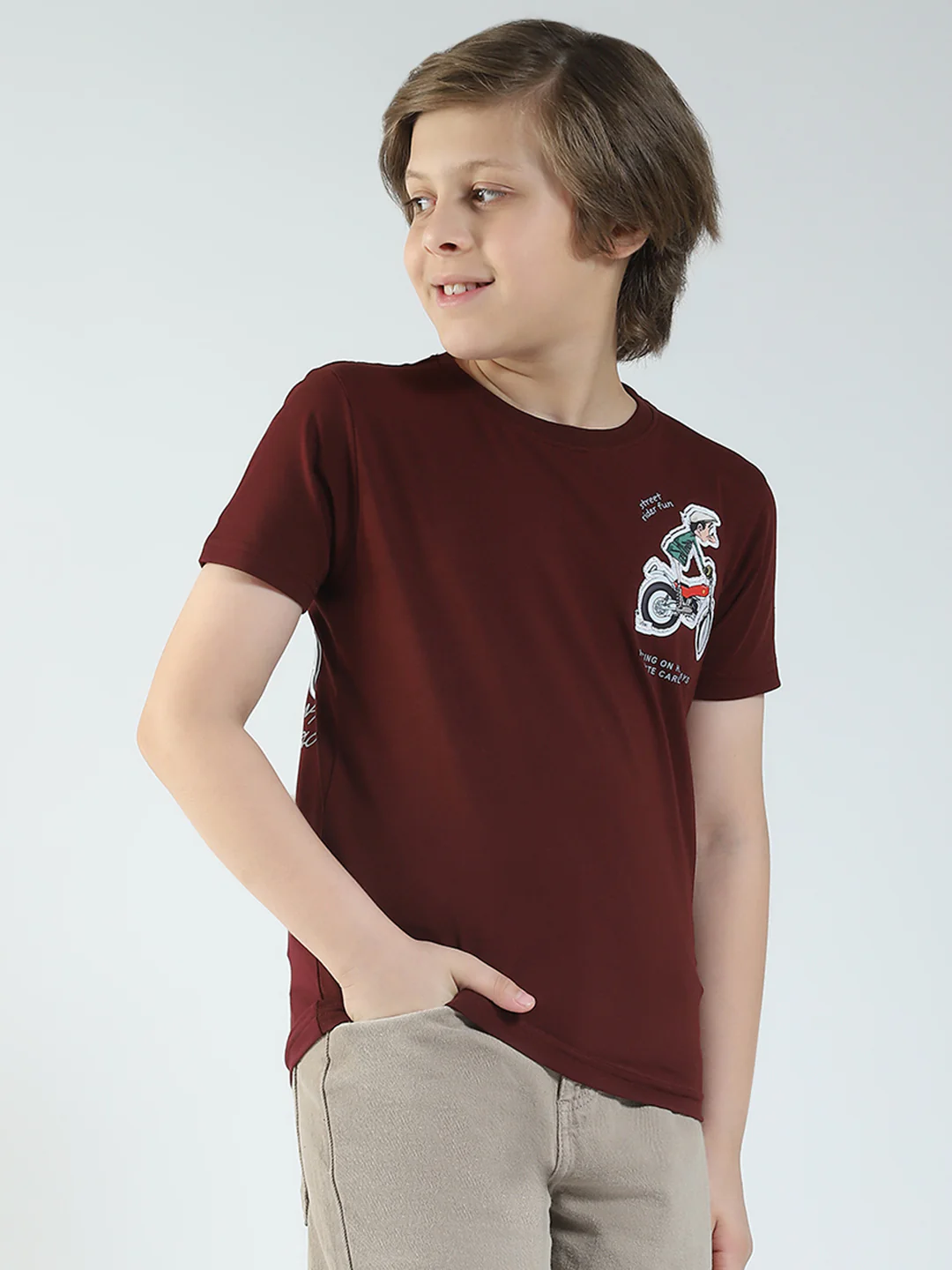 Boys Maroon Printed Round Neck Half Sleeve T-Shirt - Image 4