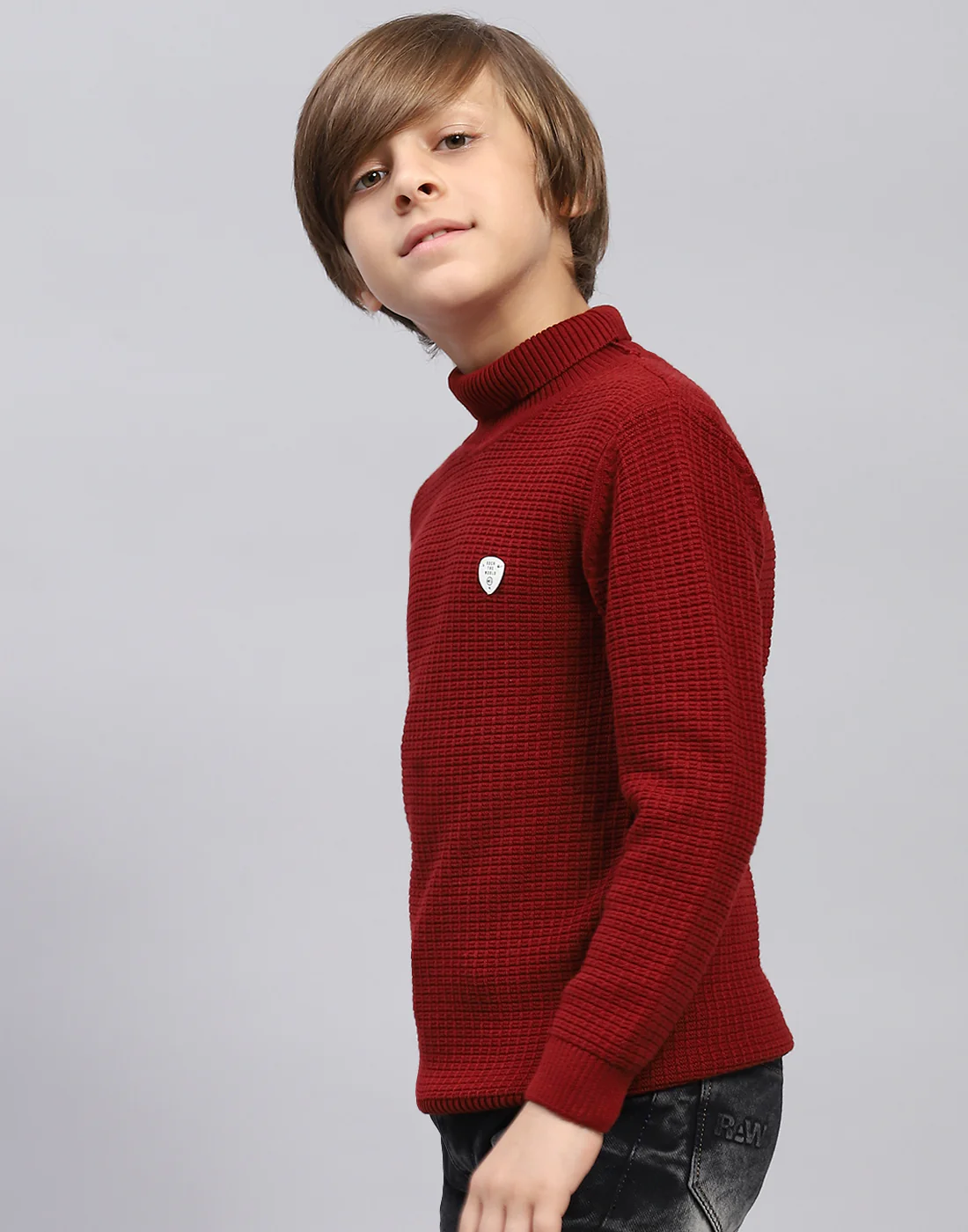 Boys Maroon Self Design Turtle Neck Full Sleeve Pullover - Image 3