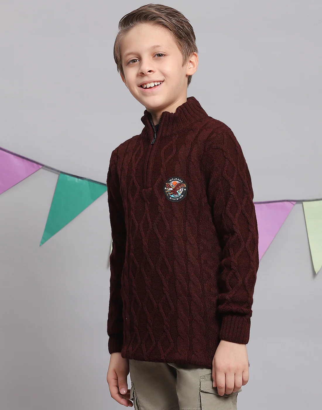 Boys Maroon Self Design H Neck Full Sleeve Sweater - Image 3