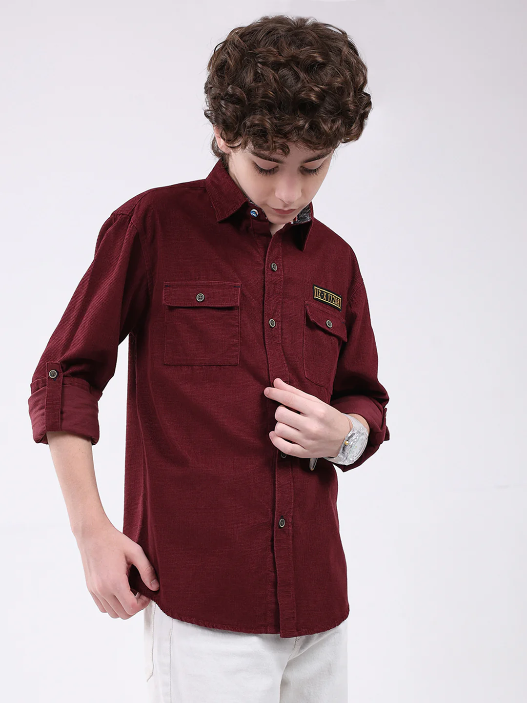 Boys Maroon Solid Collar Full Sleeve Shirt - Image 4