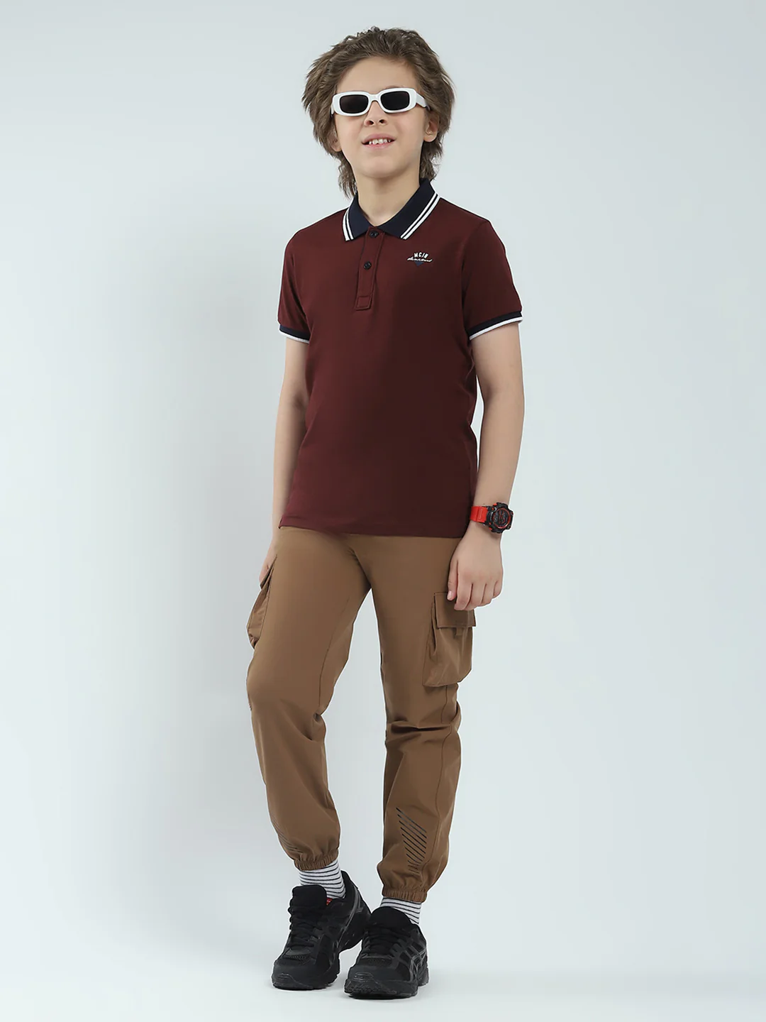 Boys Maroon Solid Collar Half Sleeve T-Shirt - Image 2