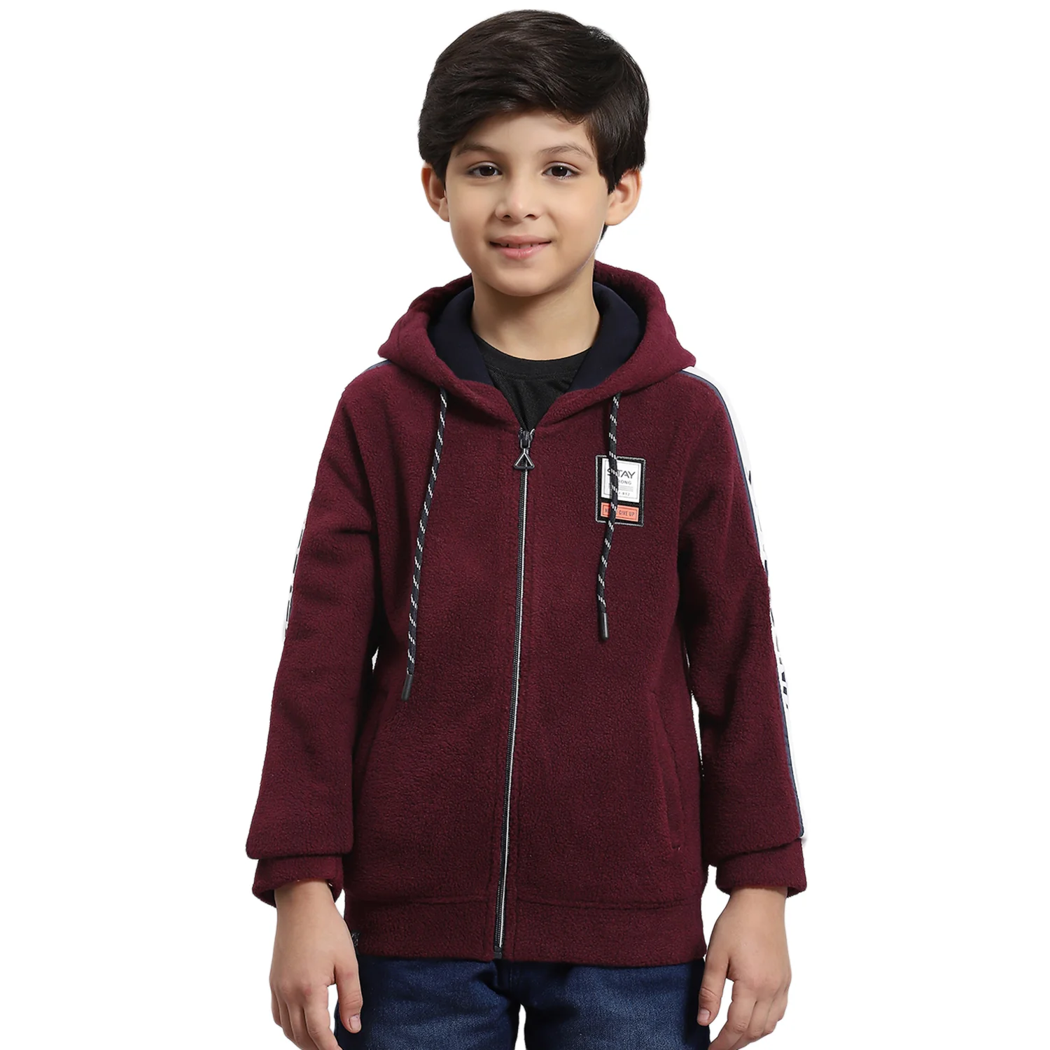 Boys Maroon Solid Hooded Full Sleeve Sweatshirt - Image 5