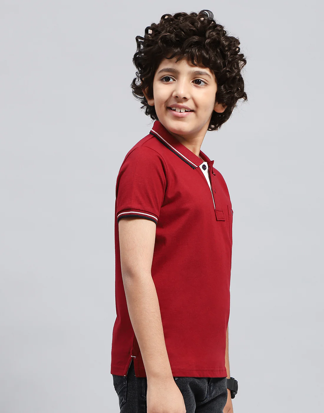 Boys Maroon Solid Polo Collar Half Sleeve T-Shirt - Image 4