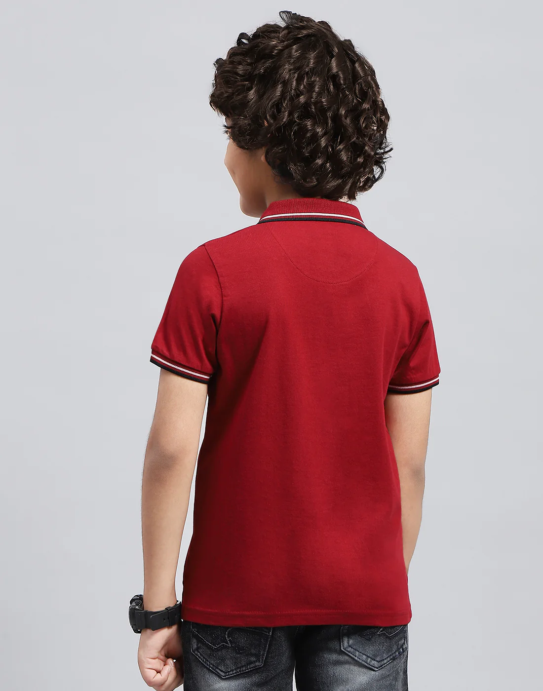 Boys Maroon Solid Polo Collar Half Sleeve T-Shirt - Image 5