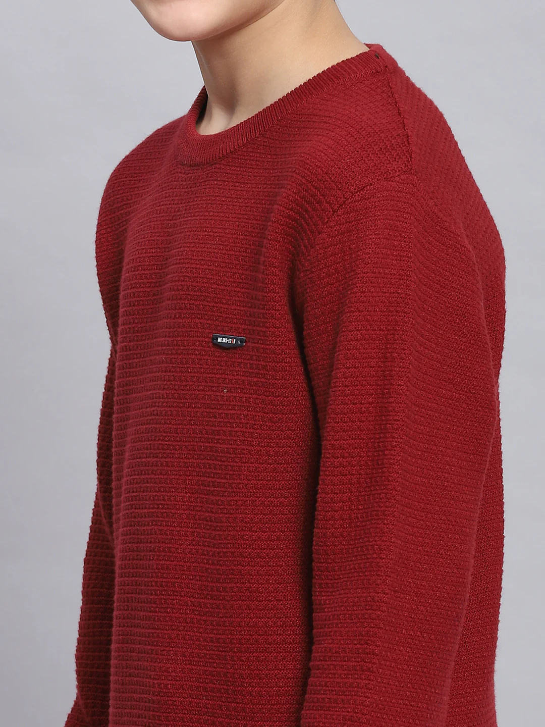 Boys Maroon Solid Round Neck Full Sleeve Sweater - Image 6