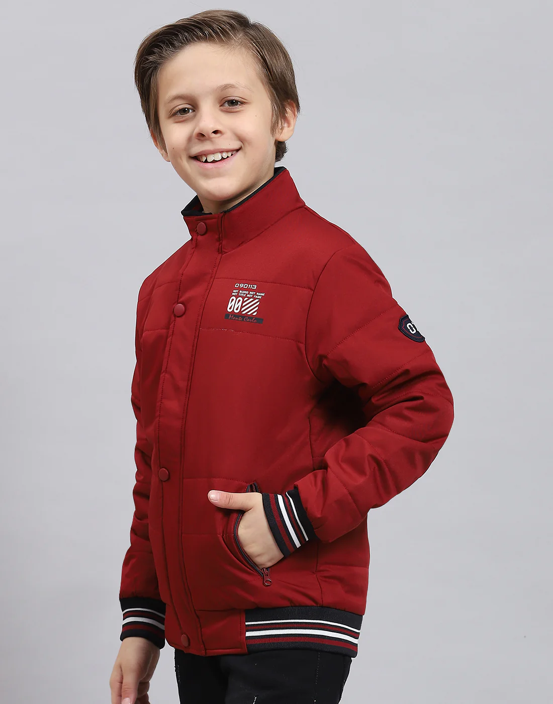 Boys Maroon Solid Stand Collar Full Sleeve Boys Jacket - Image 3