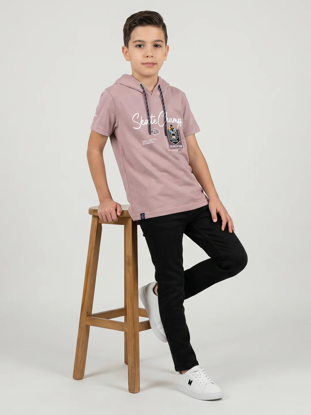 Boys Mauve Printed Hooded Half Sleeve T-Shirt - Image 5