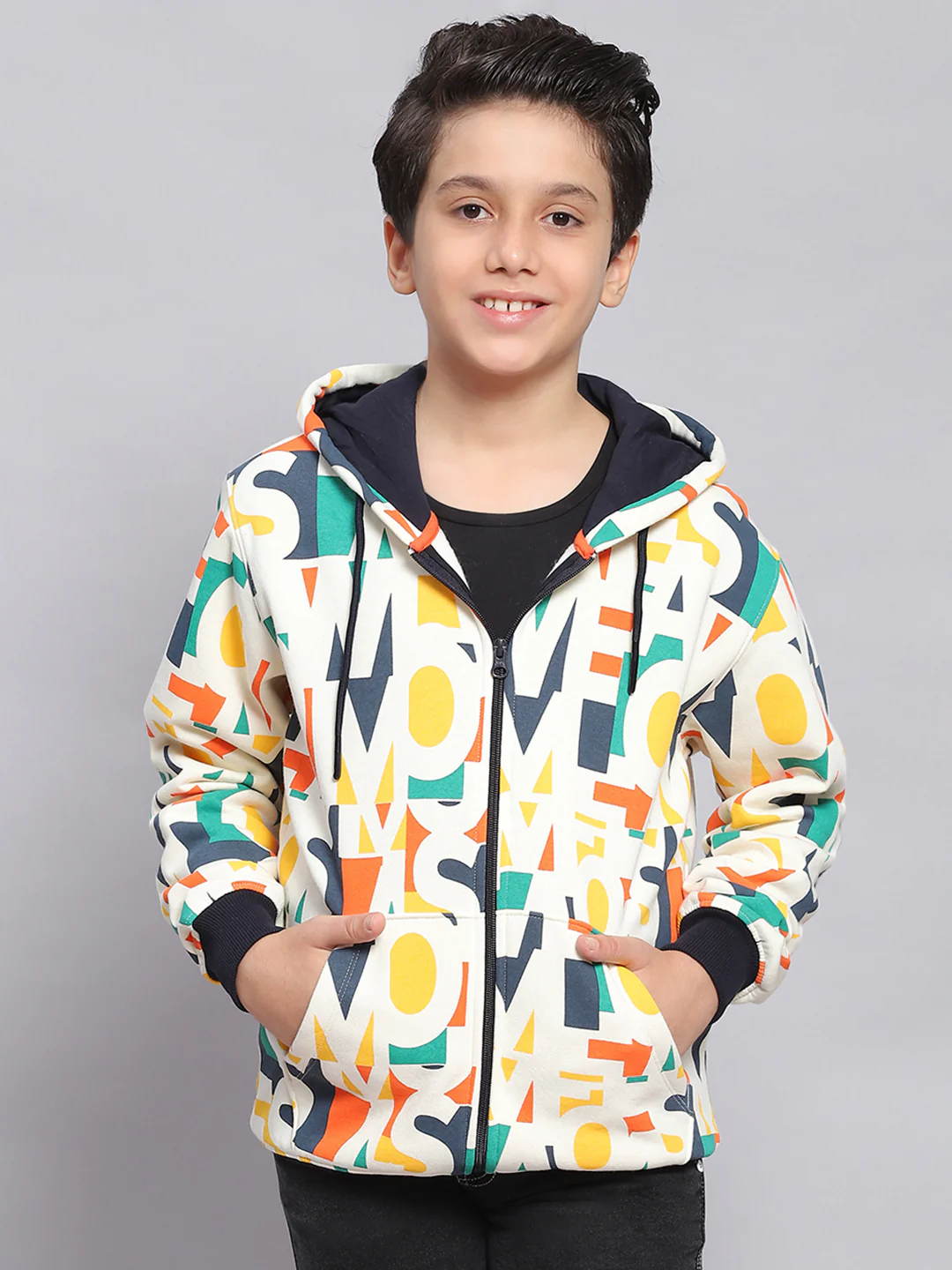 Boys Multicolor Printed Hooded Full Sleeve Sweatshirt - Image 2