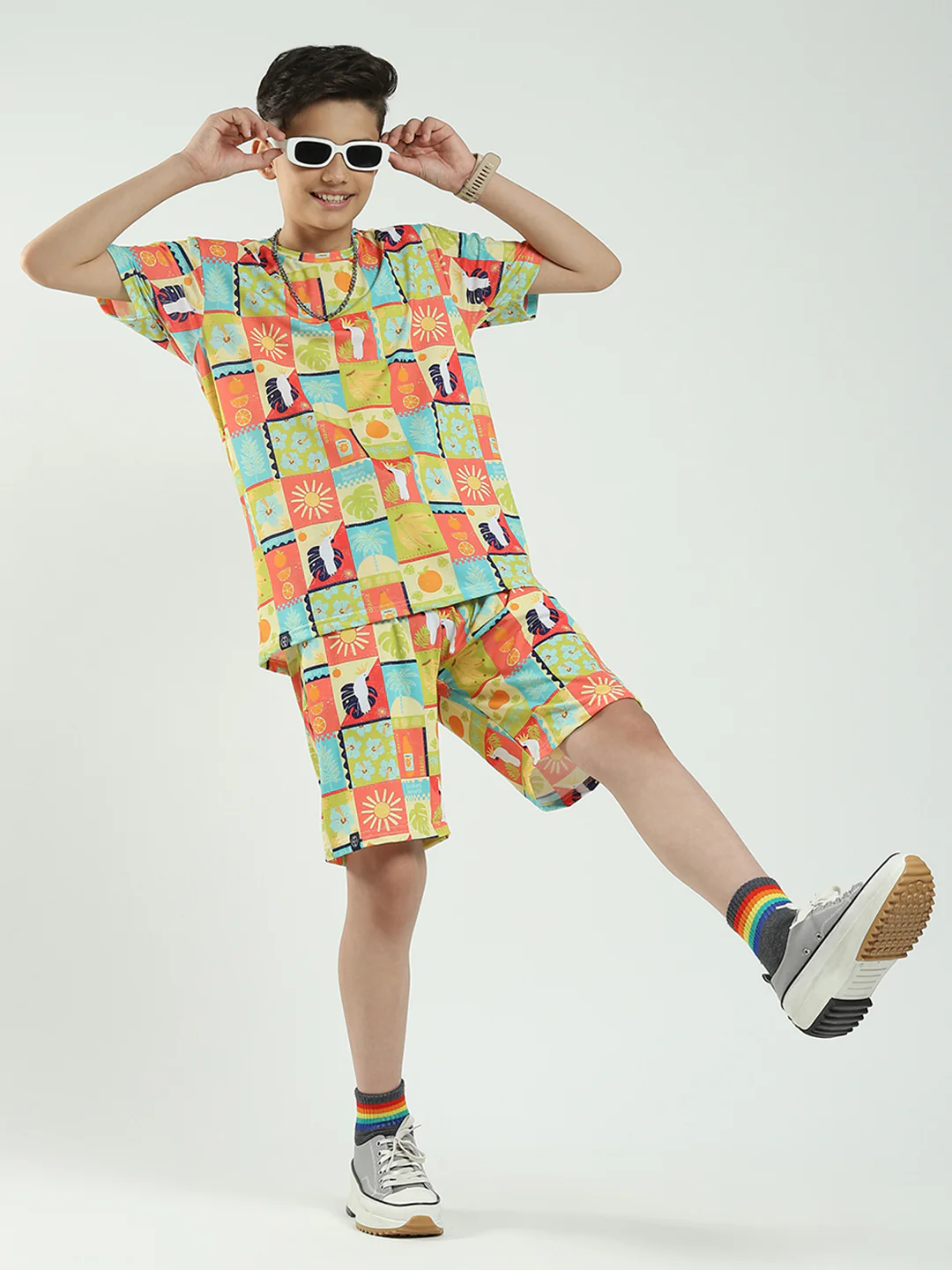 Boys Multicolor Printed Round Neck Half Sleeve Bermuda Set - Image 2