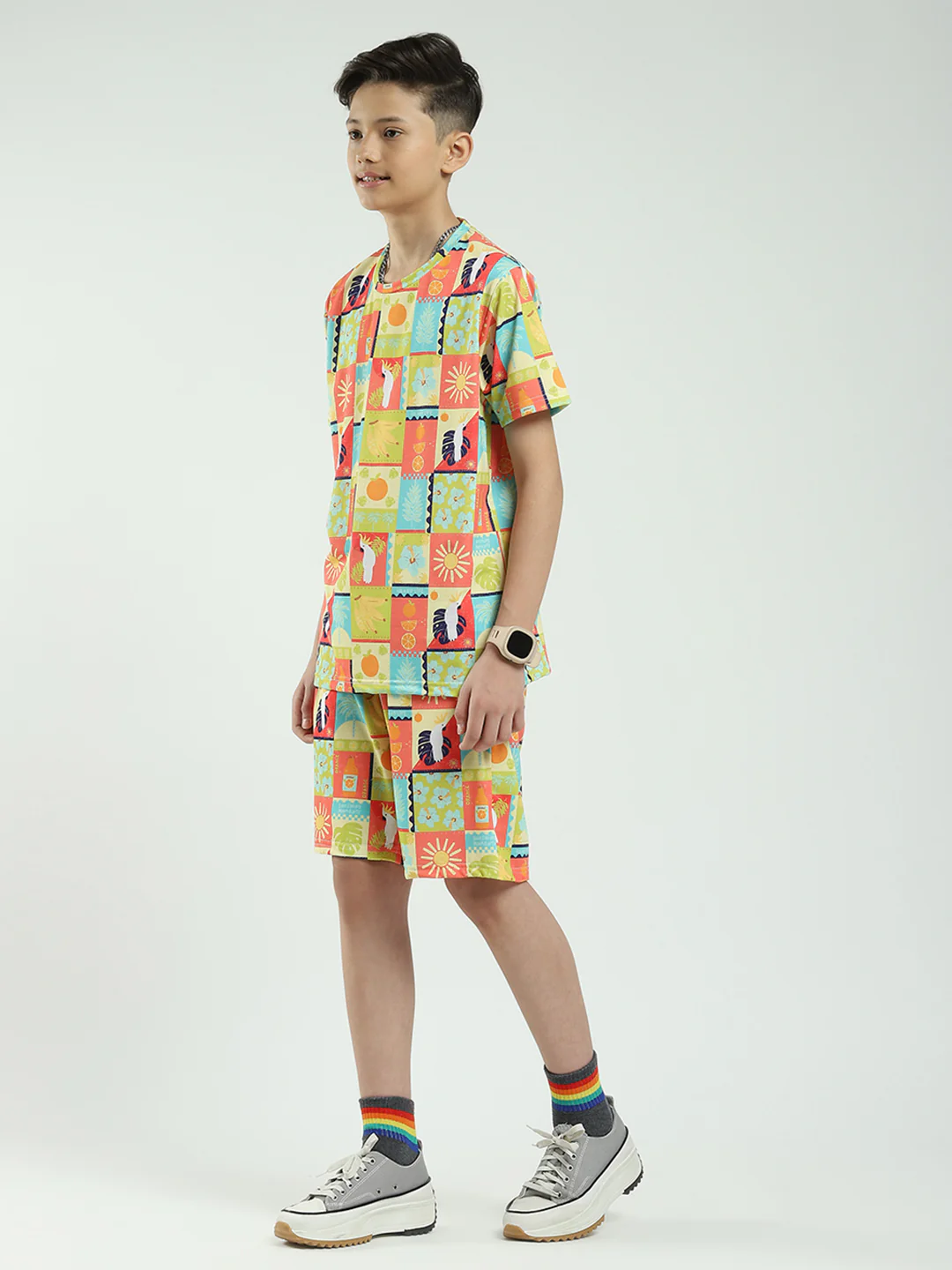 Boys Multicolor Printed Round Neck Half Sleeve Bermuda Set - Image 3