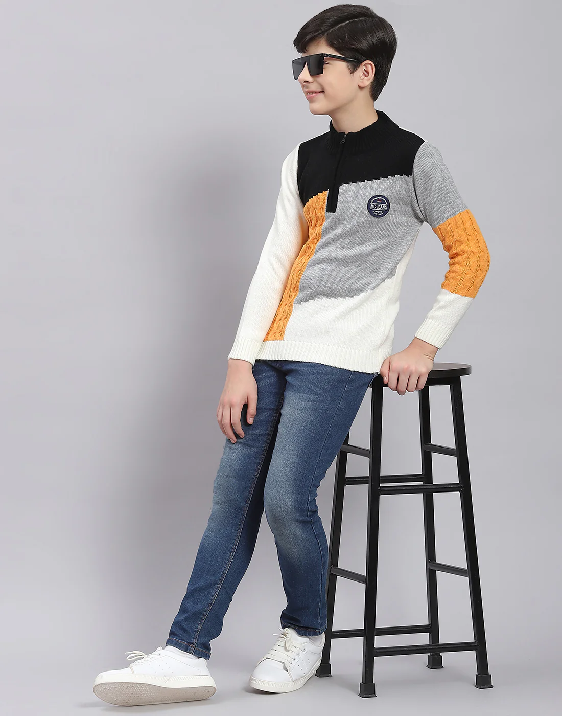 Boys Multicolor Self Design Round Neck Full Sleeve Sweater - Image 2
