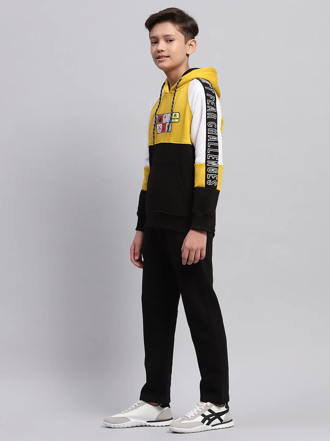 Boys Mustard & Black Printed Hooded Full Sleeve Tracksuit - Image 3