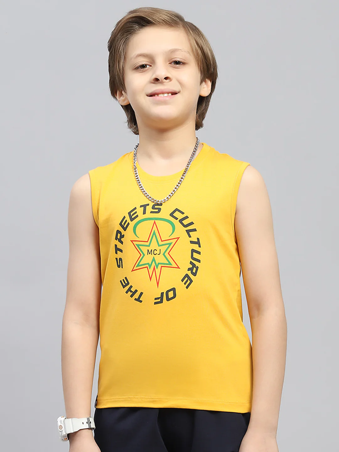 Boys Mustard & Blue Printed Round Neck Sleeveless T-Shirt (Pack of 2) - Image 3