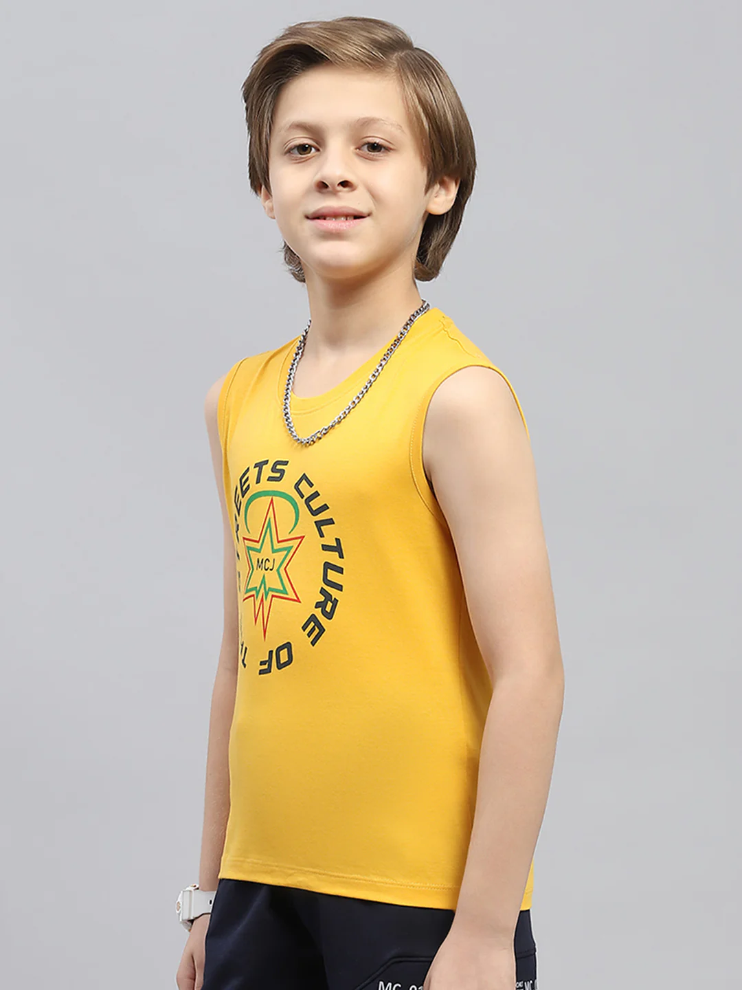 Boys Mustard & Blue Printed Round Neck Sleeveless T-Shirt (Pack of 2) - Image 4
