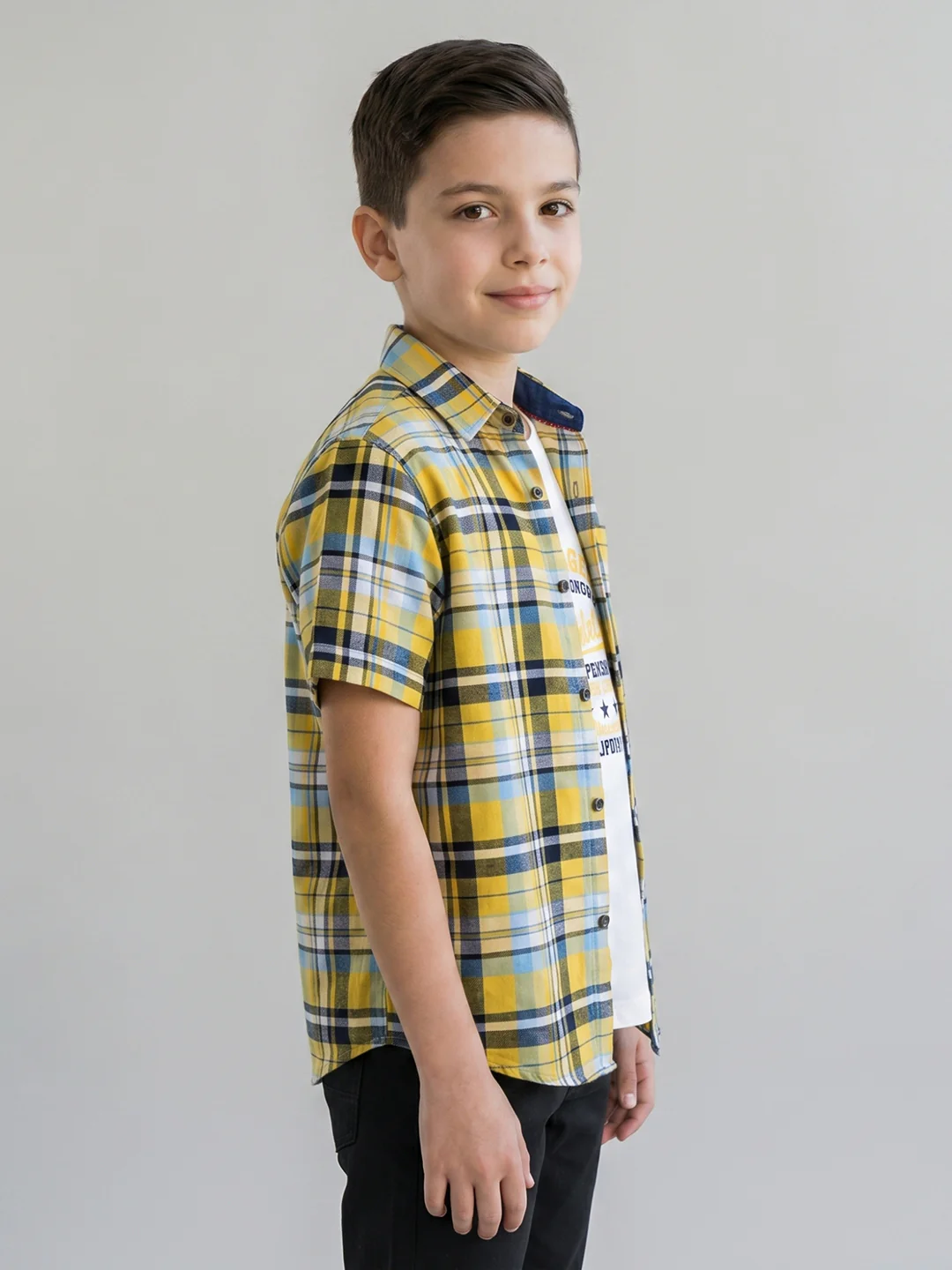 Boys Mustard Check Collar Half Sleeve Shirt Set with Inner T-Shirt - Image 4