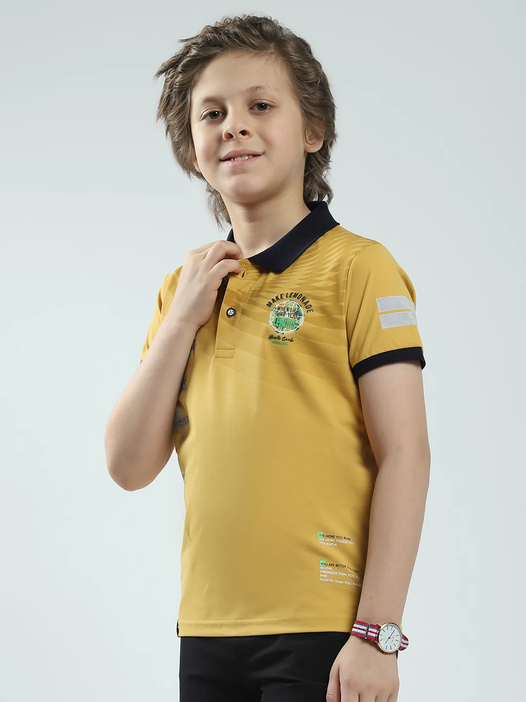 Boys Mustard Printed Collar Half Sleeve T-Shirt - Image 3