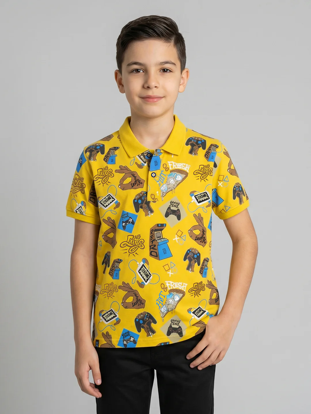 Boys Mustard Printed Collar Half Sleeve T-Shirt