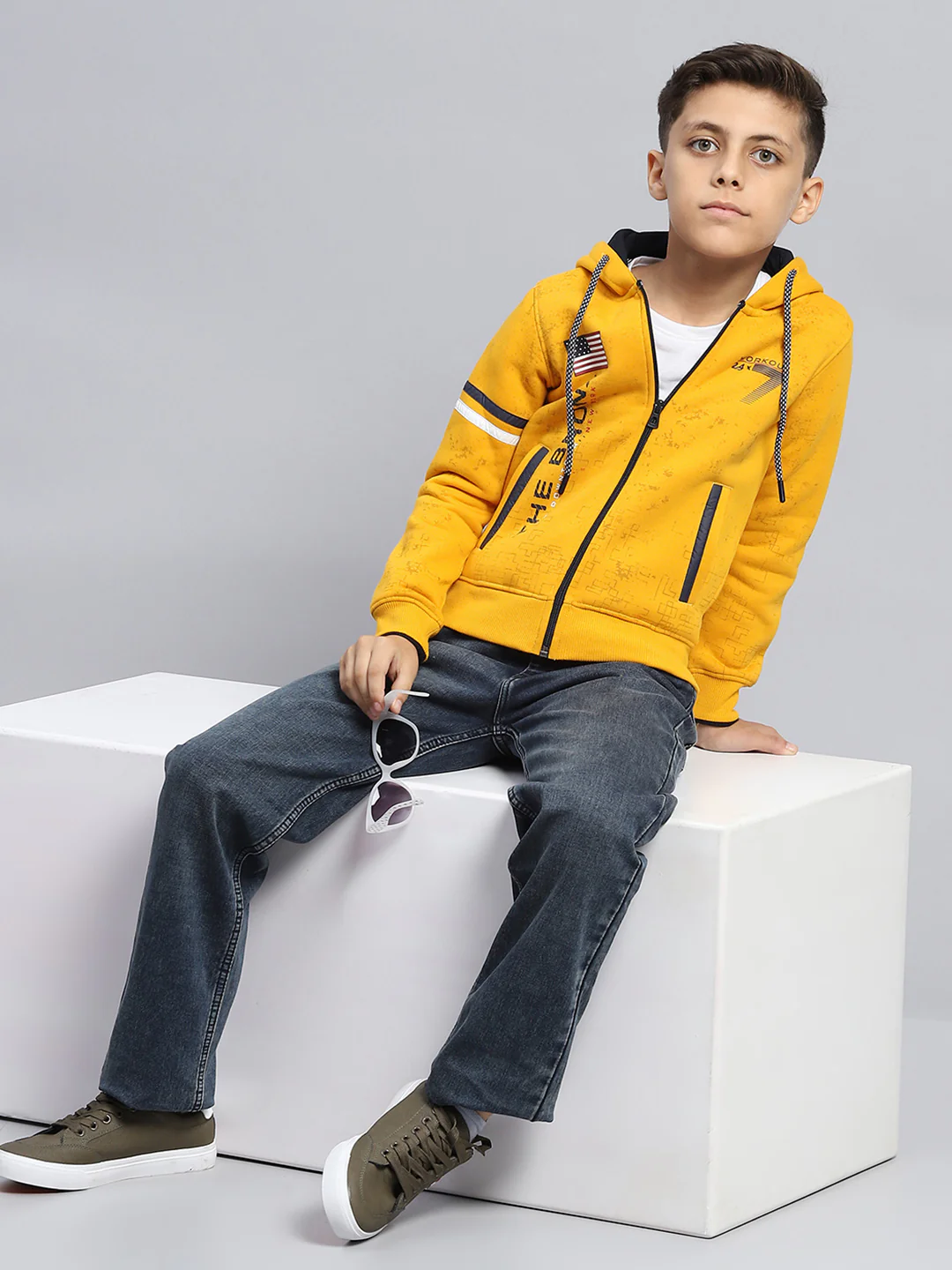Boys Mustard Printed Hooded Full Sleeve Sweatshirt - Image 2