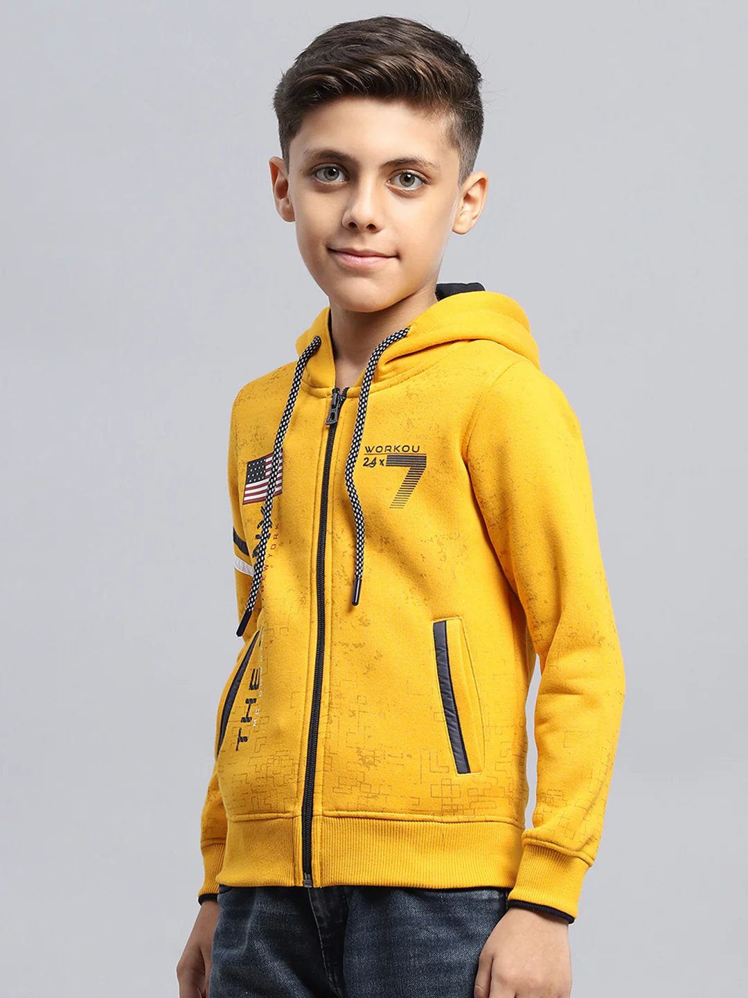Boys Mustard Printed Hooded Full Sleeve Sweatshirt - Image 3