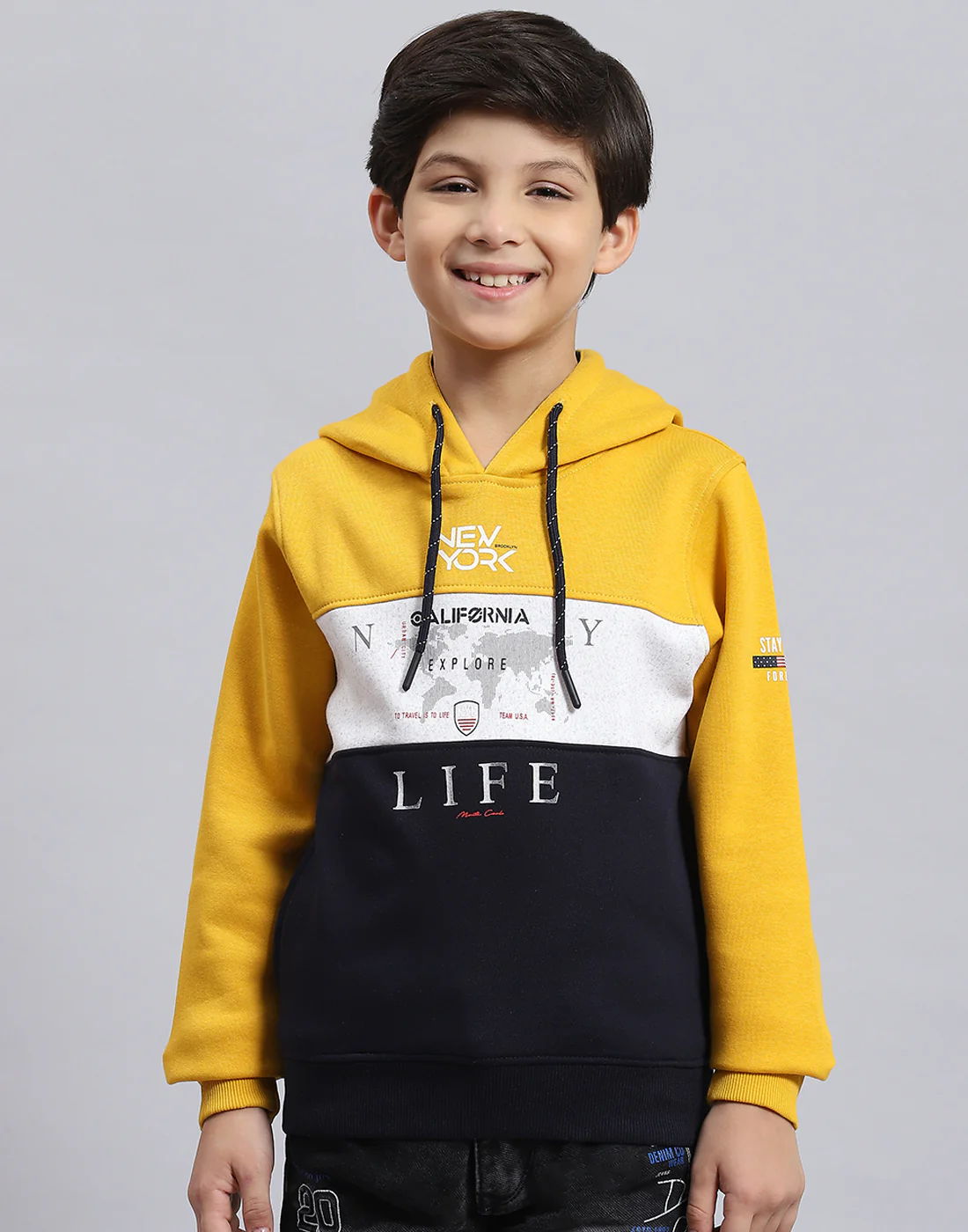 Boys Mustard Printed Hooded Full Sleeve Sweatshirt - Image 2