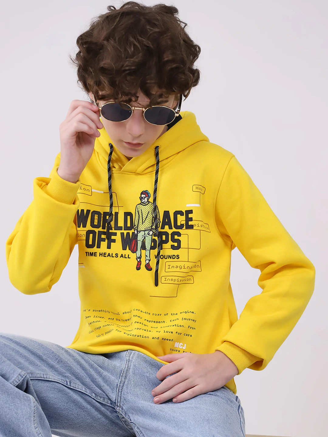 Boys Mustard Printed Hooded Full Sleeve Sweatshirt - Image 6
