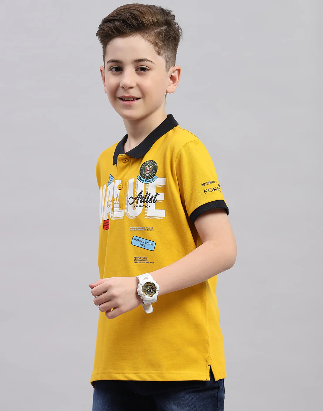 Boys Mustard Printed Polo Collar Half Sleeve T-Shirt - Image 3