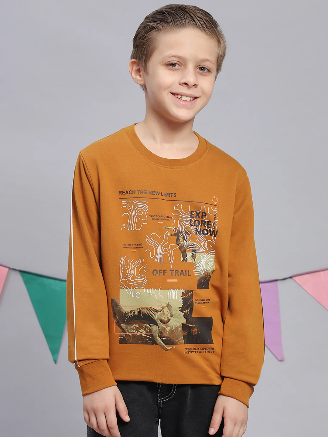 Boys Mustard Printed Round Neck Full Sleeve Sweatshirt - Image 2