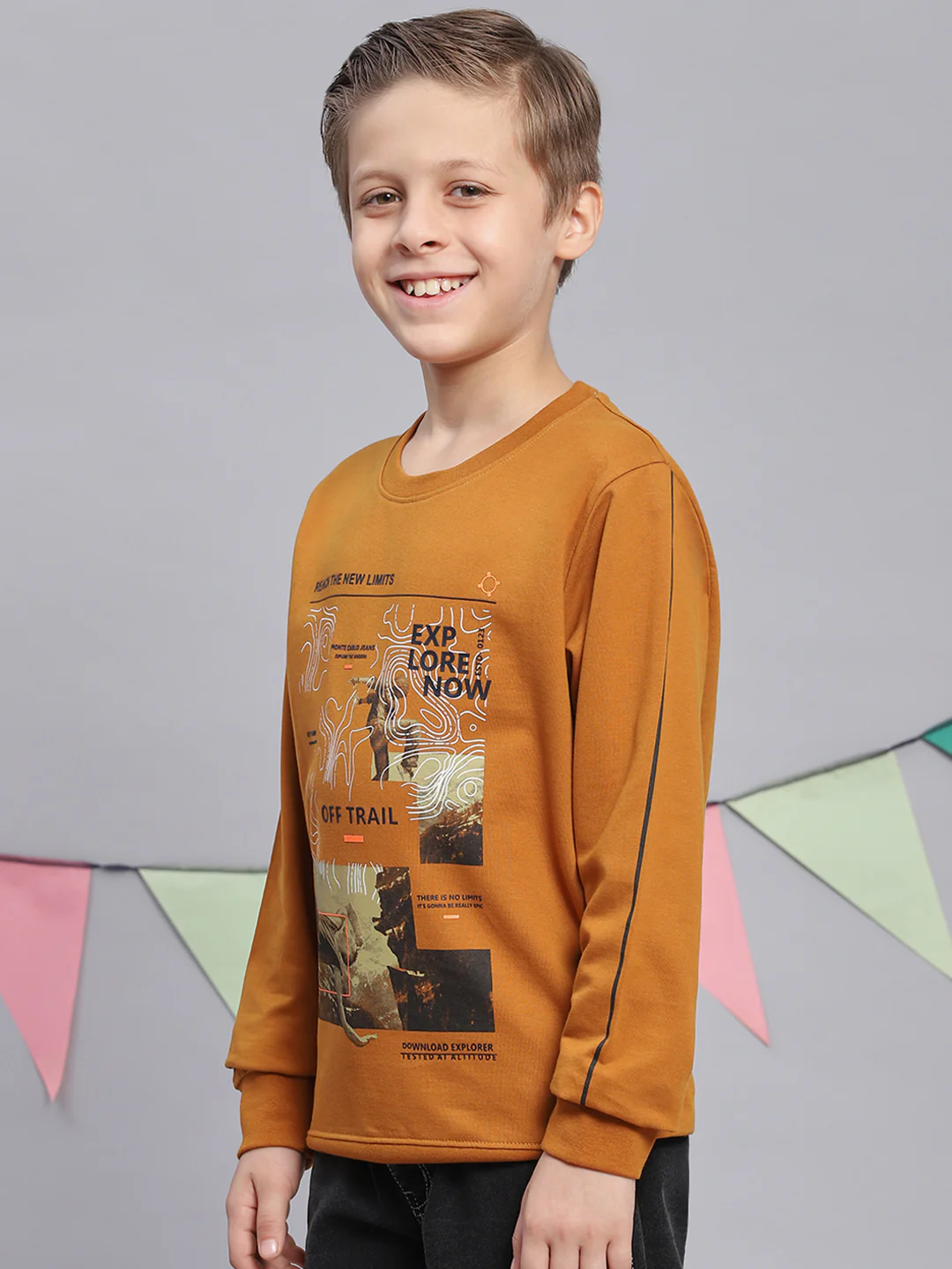 Boys Mustard Printed Round Neck Full Sleeve Sweatshirt - Image 3