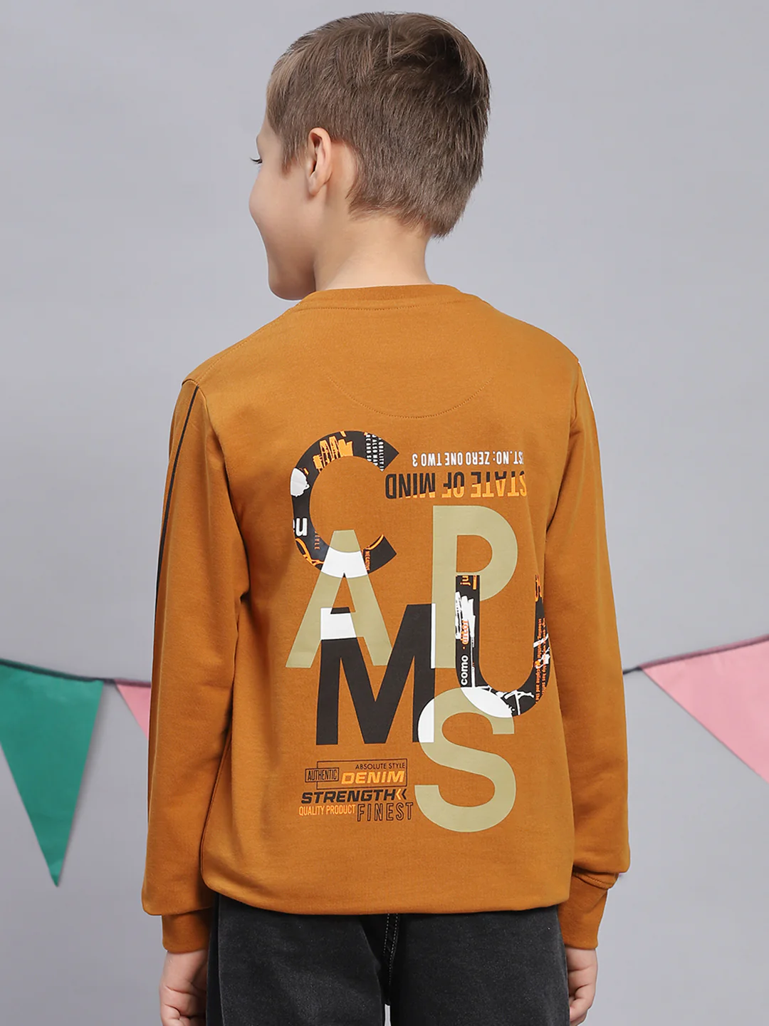 Boys Mustard Printed Round Neck Full Sleeve Sweatshirt - Image 5