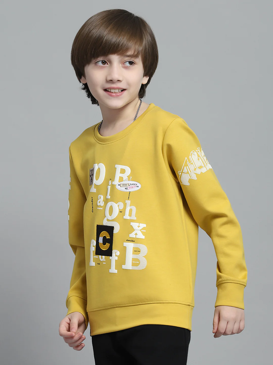 Boys Mustard Printed Round Neck Full Sleeve Sweatshirt - Image 3