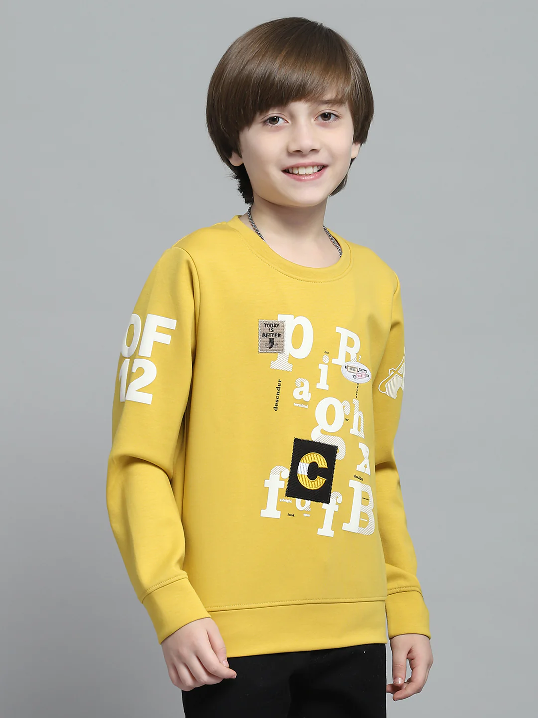 Boys Mustard Printed Round Neck Full Sleeve Sweatshirt - Image 4