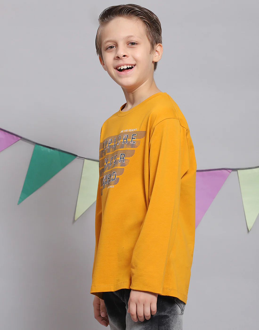 Boys Mustard Printed Round Neck Full Sleeve T-Shirts - Image 4