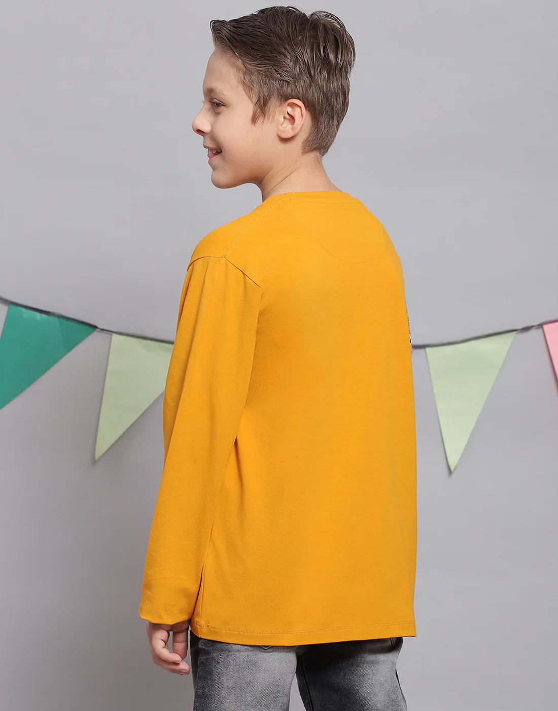Boys Mustard Printed Round Neck Full Sleeve T-Shirts - Image 6