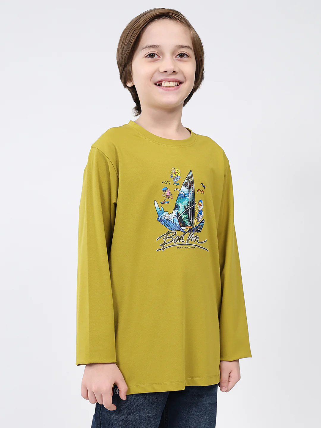 Boys Mustard Printed Round Neck Full Sleeve Winter T-Shirt - Image 4