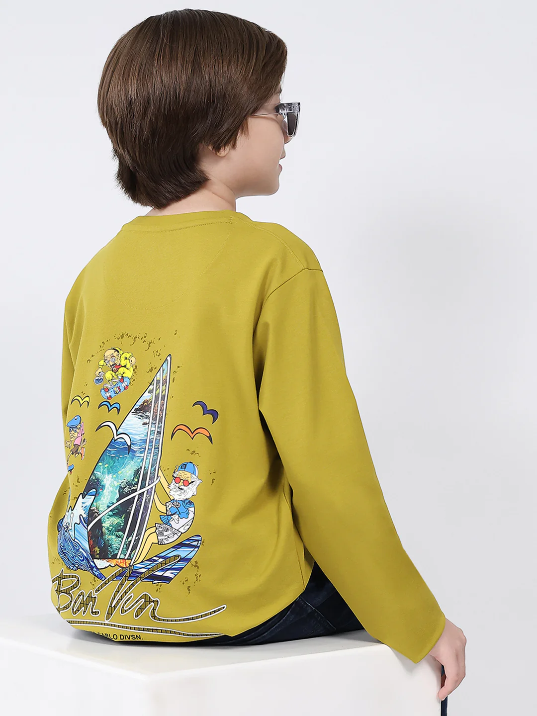 Boys Mustard Printed Round Neck Full Sleeve Winter T-Shirt - Image 6