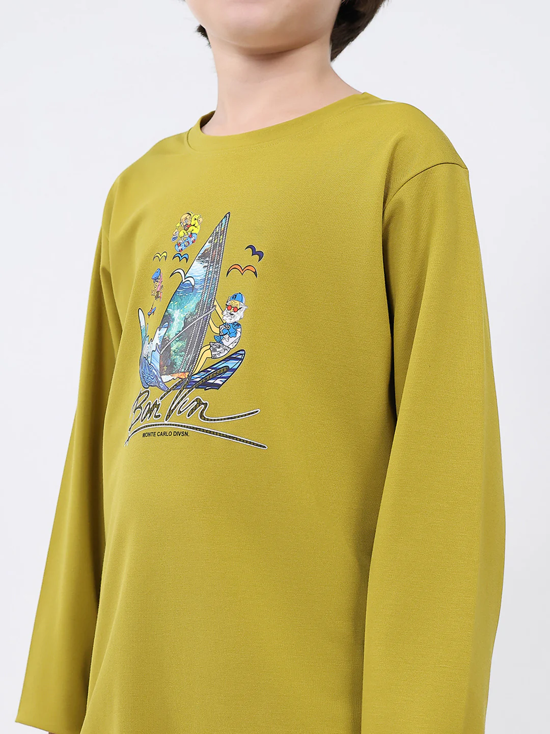 Boys Mustard Printed Round Neck Full Sleeve Winter T-Shirt - Image 7
