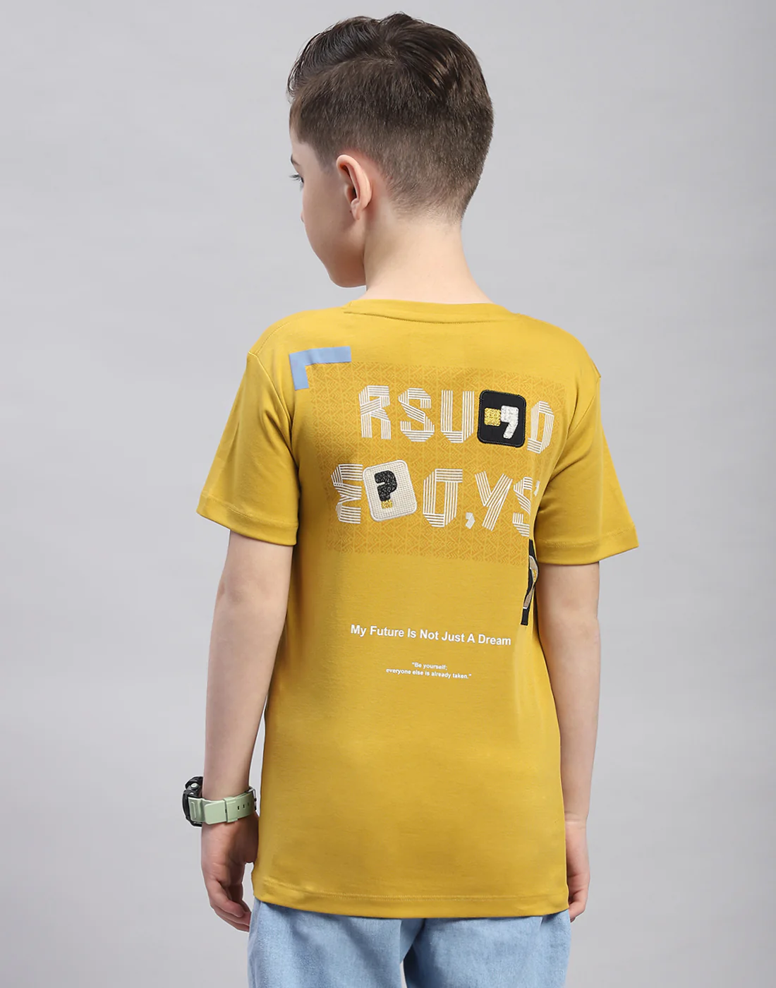 Boys Mustard Printed Round Neck Half Sleeve T-Shirt - Image 5