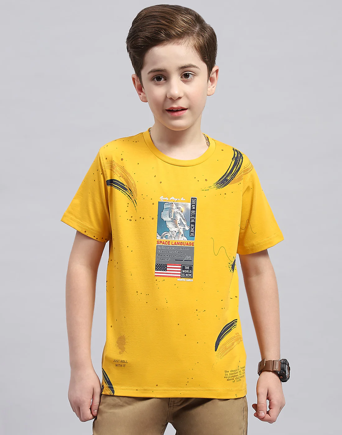 Boys Mustard Printed Round Neck Half Sleeve T-Shirt - Image 2