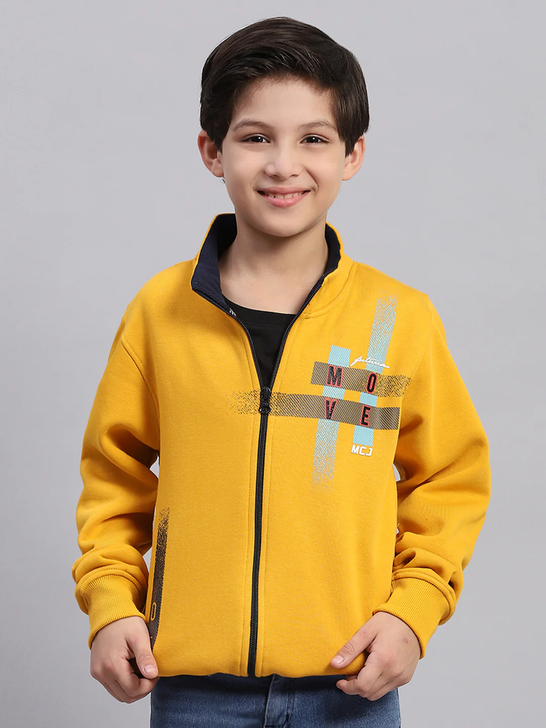 Boys Mustard Printed Stand Collar Full Sleeve Sweatshirt - Image 2