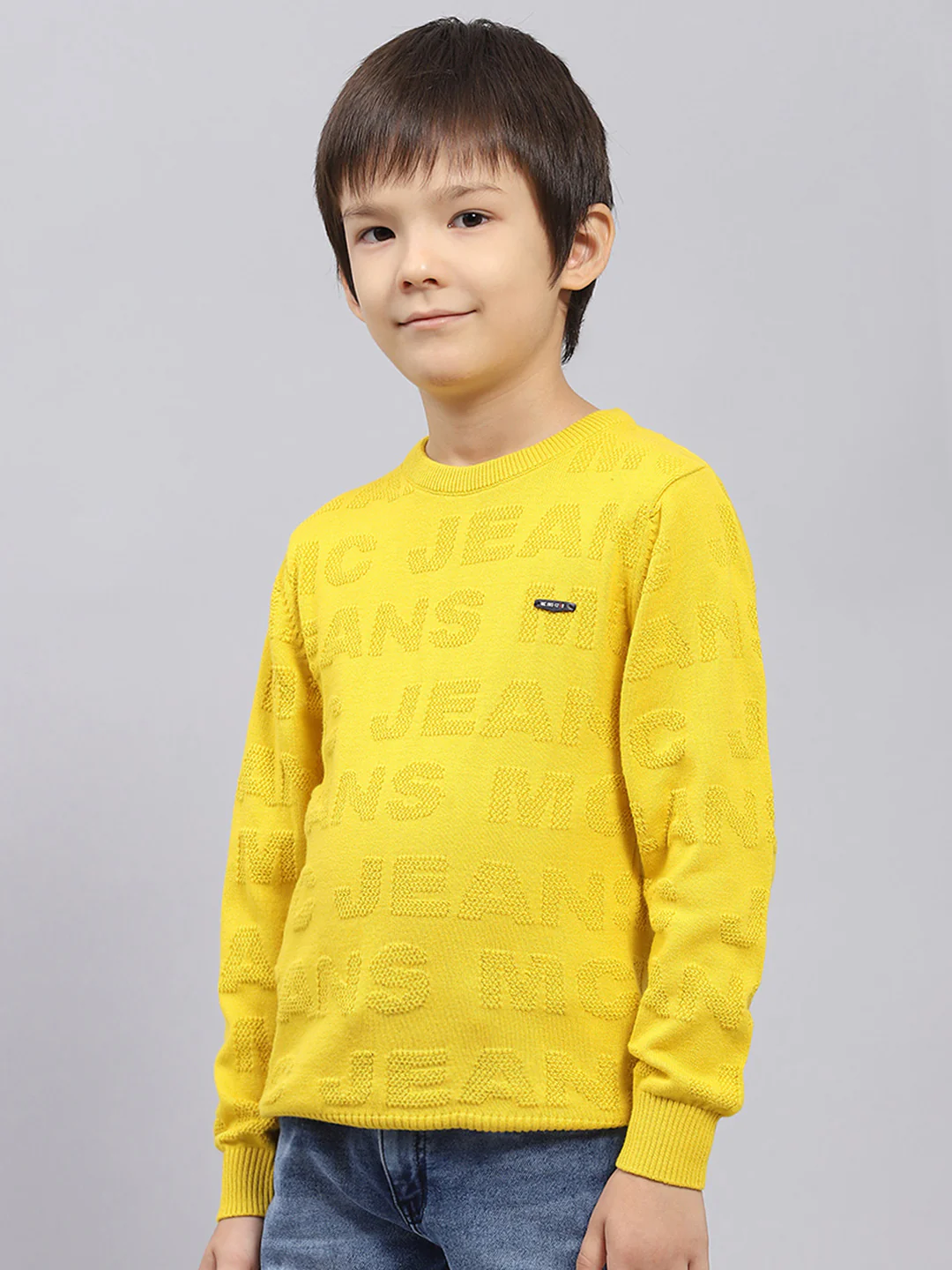 Boys Mustard Self Design Round Neck Full Sleeve Pullover - Image 3