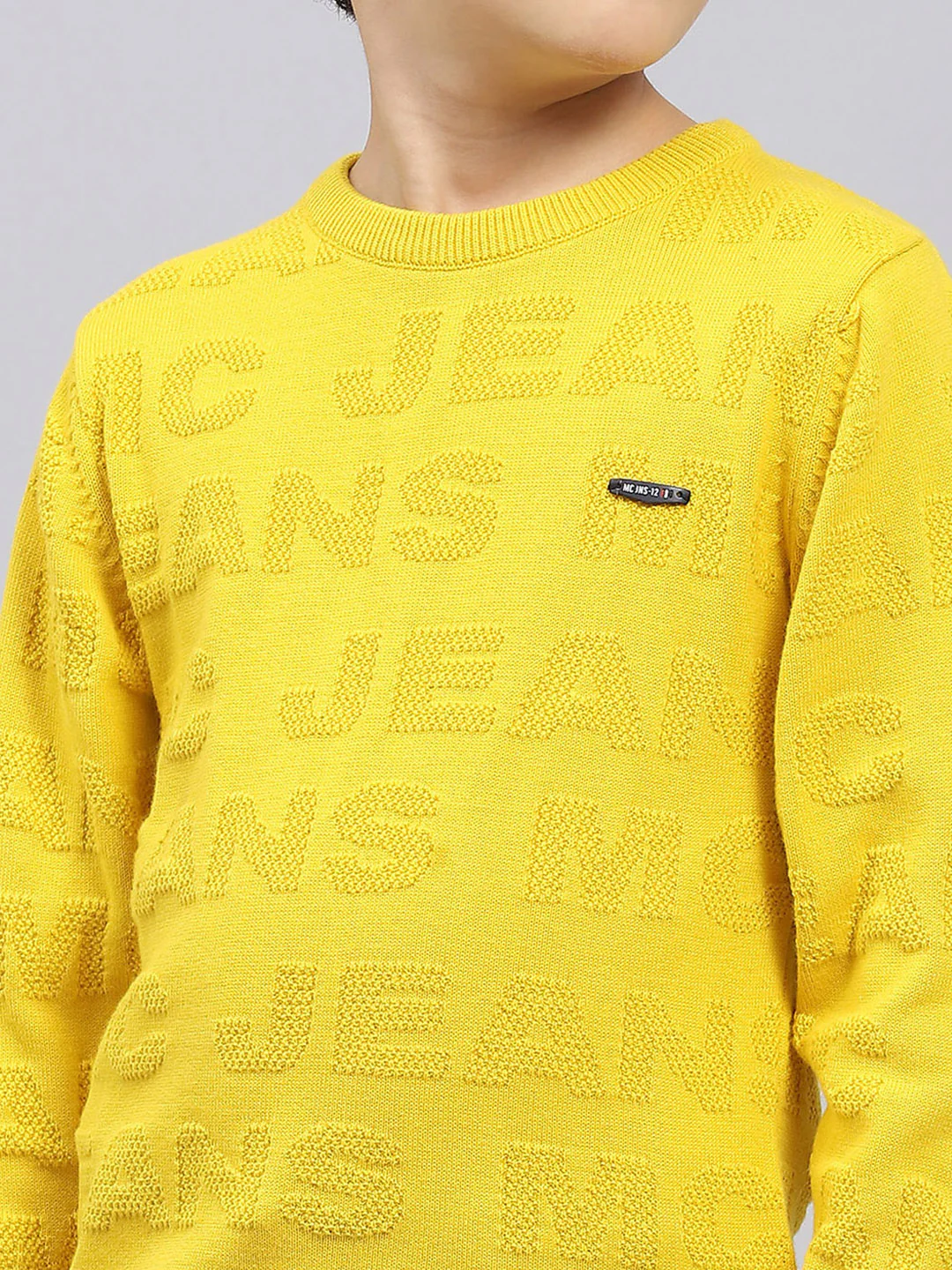 Boys Mustard Self Design Round Neck Full Sleeve Pullover - Image 6