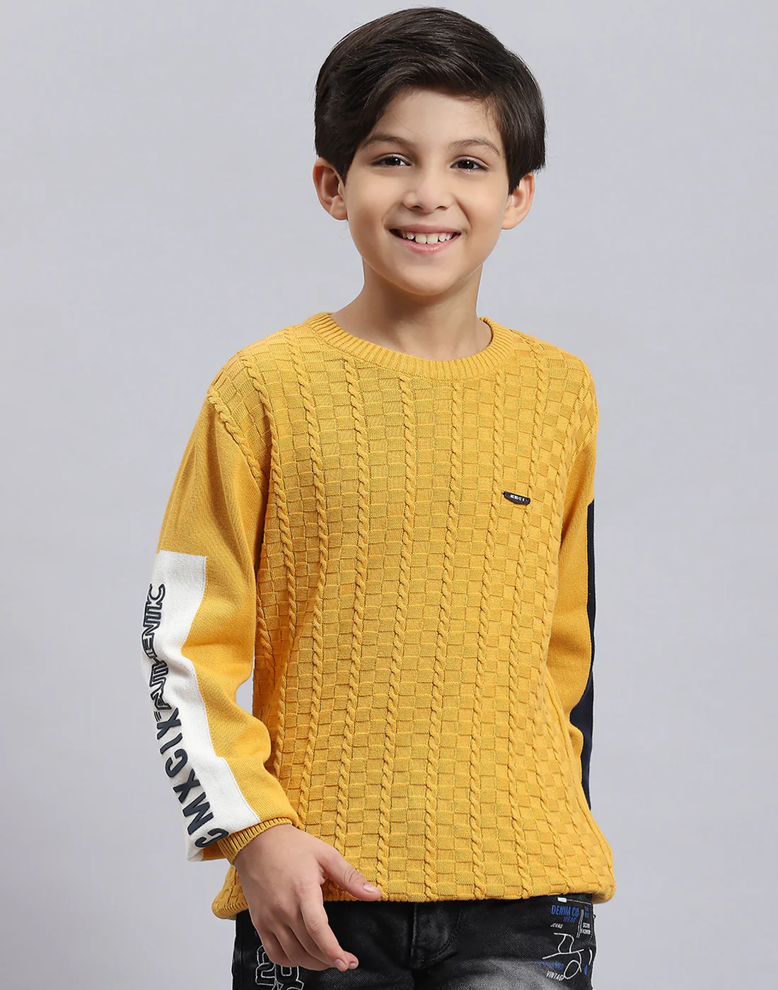 Boys Mustard Self Design Round Neck Full Sleeve Sweater - Image 3