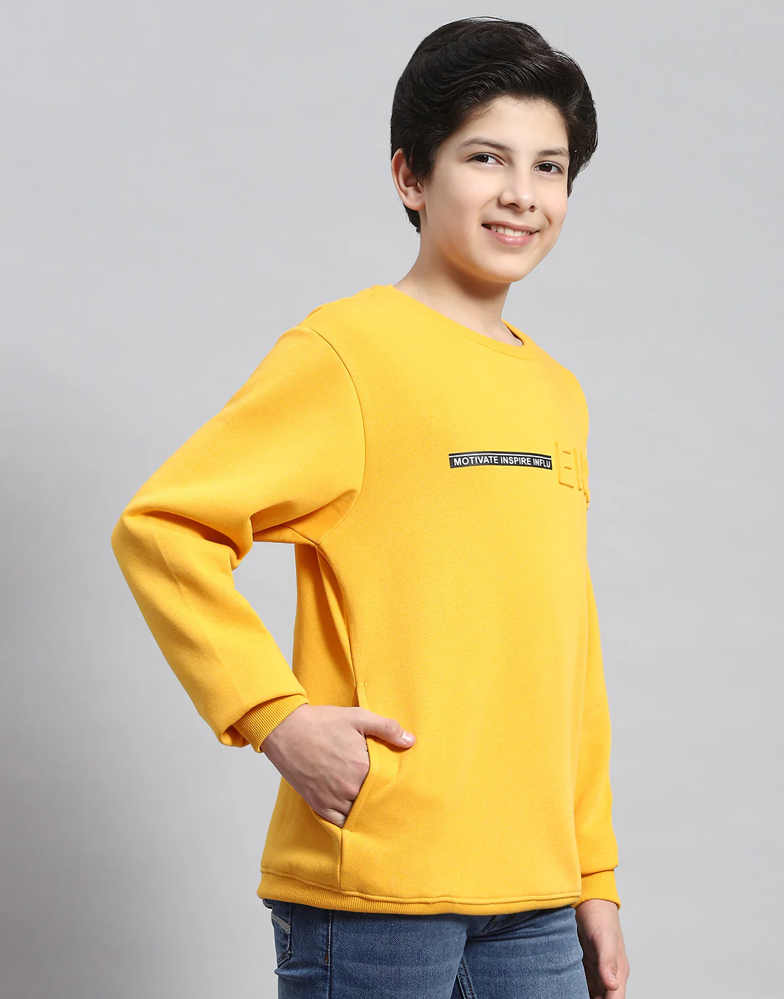 Boys Mustard Solid Round Neck Full Sleeve Sweatshirt - Image 4