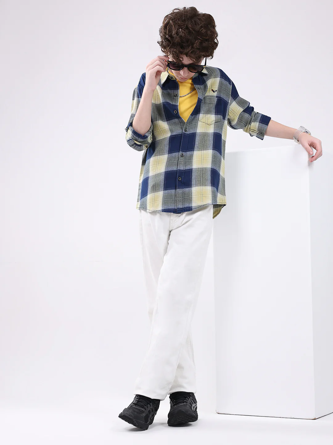 Boys Navy Blue Check Collar Full Sleeve Shirt - Image 2