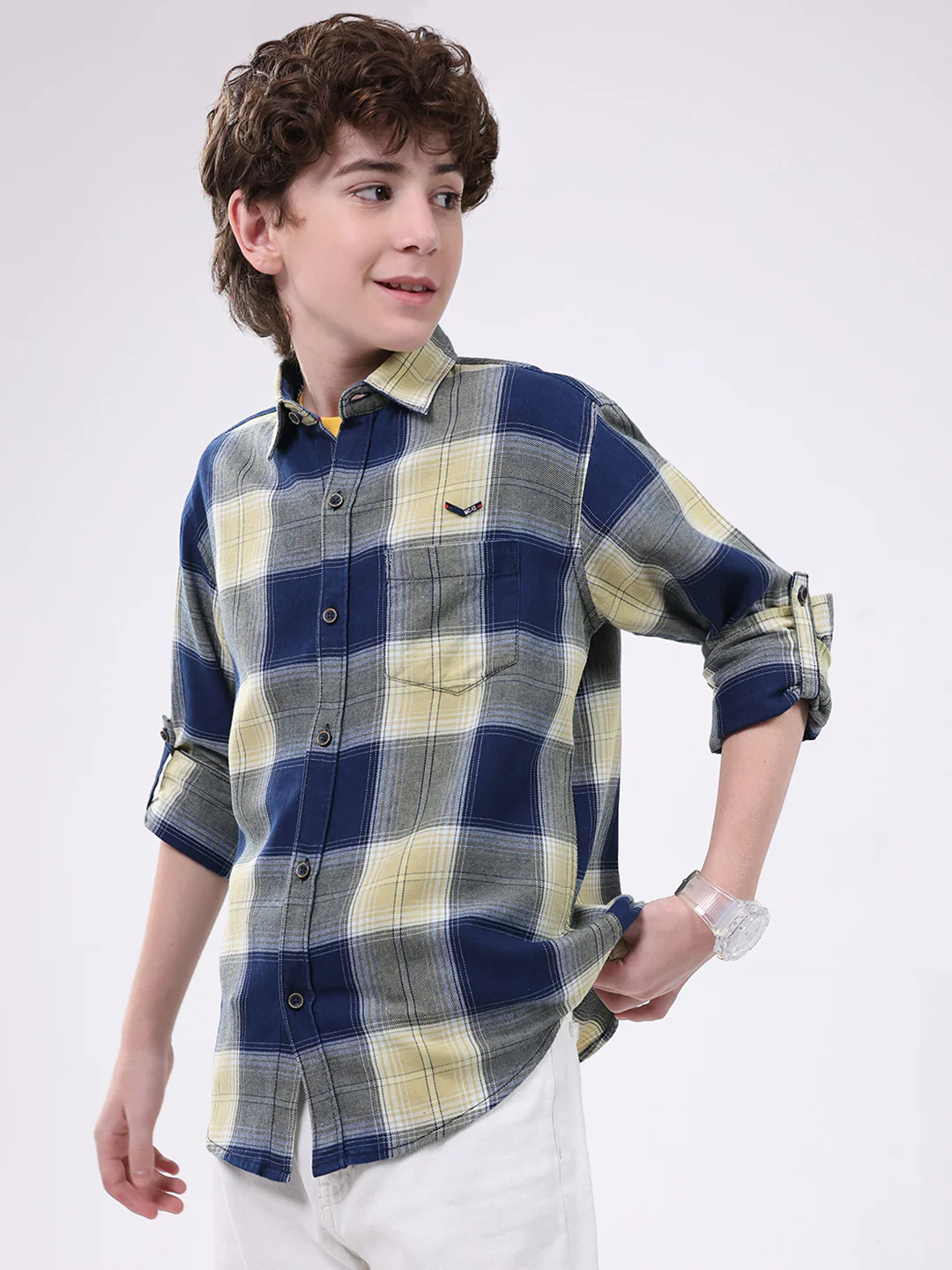 Boys Navy Blue Check Collar Full Sleeve Shirt - Image 3