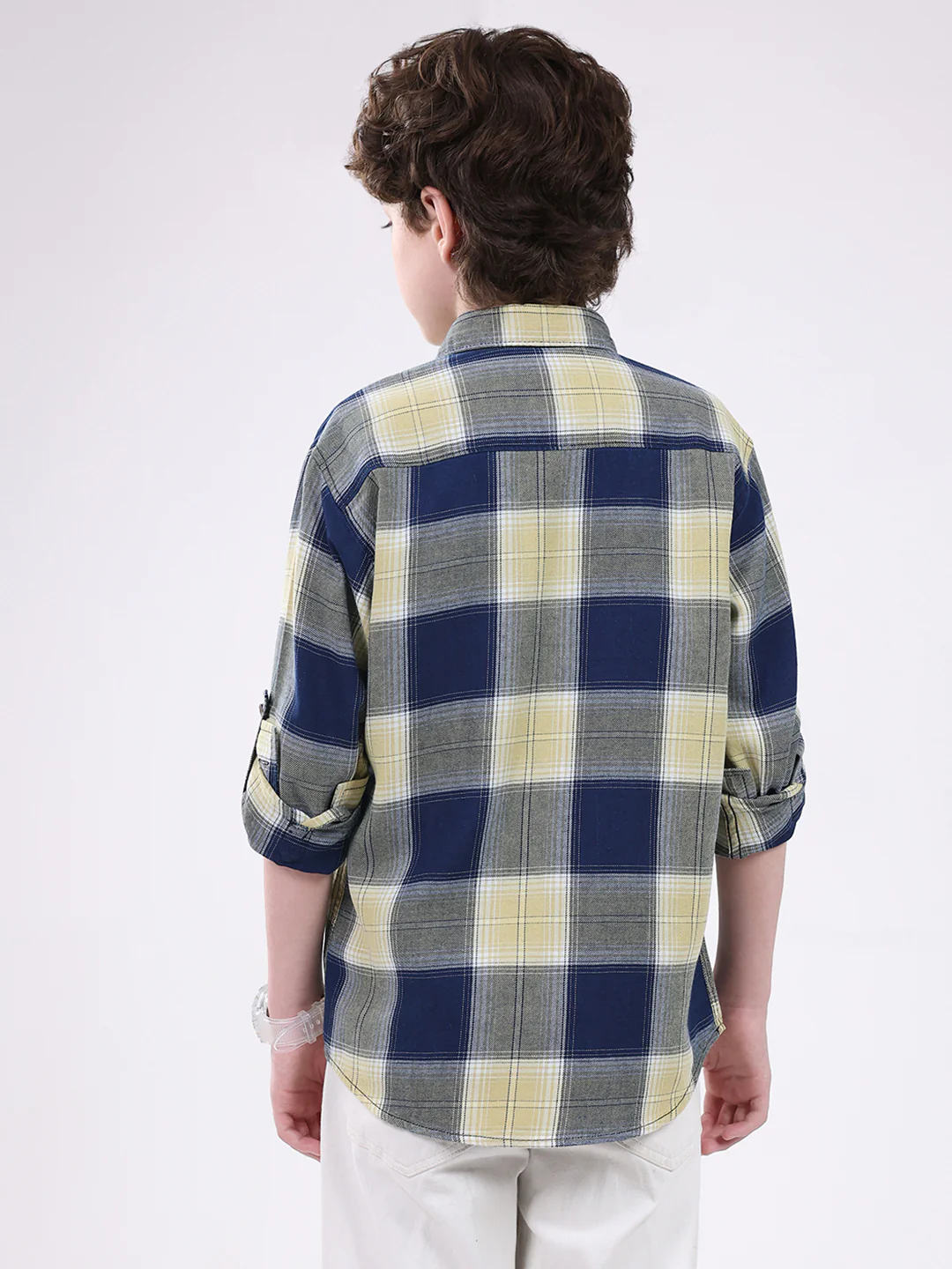 Boys Navy Blue Check Collar Full Sleeve Shirt - Image 5