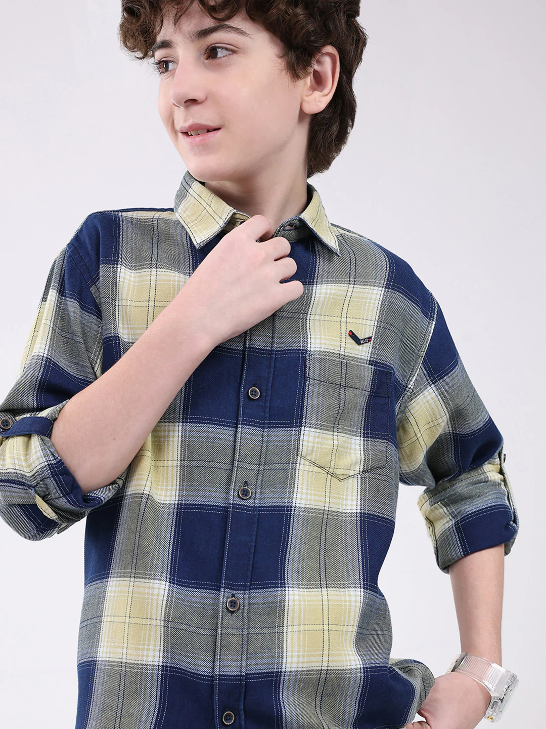Boys Navy Blue Check Collar Full Sleeve Shirt - Image 7