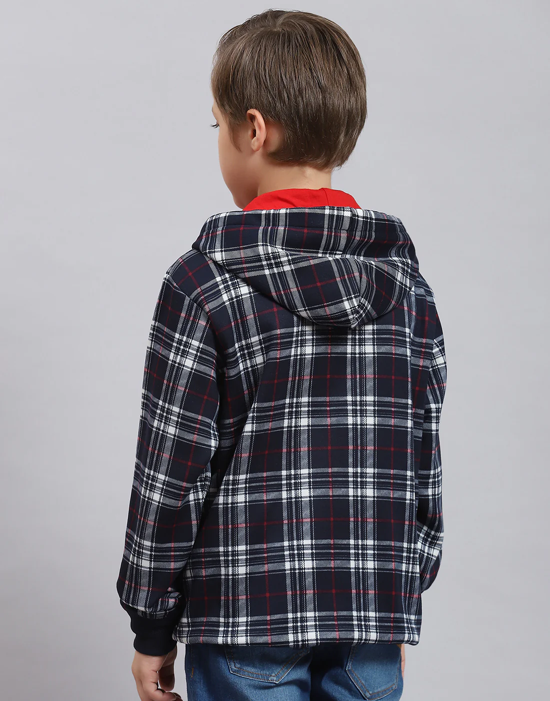 Boys Navy Blue Check Hooded Full Sleeve Sweatshirt - Image 6
